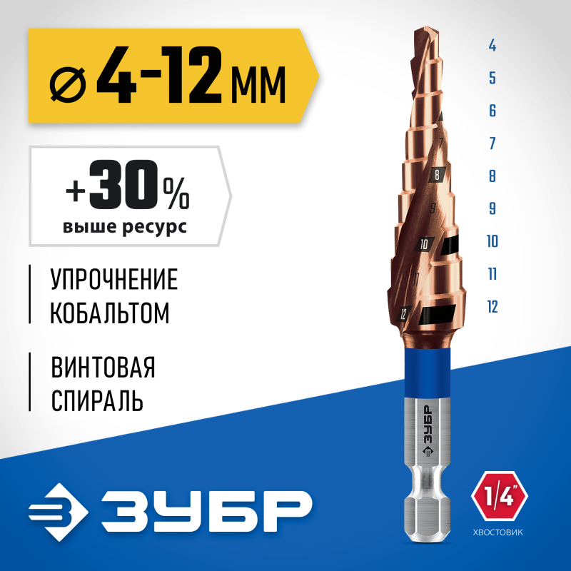 Сверло ступенчатое Профессионал Кобальт 4-12 мм, 9 ступеней ЗУБР 29674-4-12-9